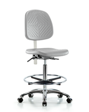 Class 100 Polyurethane Clean Room Chair - High Bench Height with Medium Back, Seat Tilt, Chrome Foot Ring, & Casters in Gray Polyurethane
