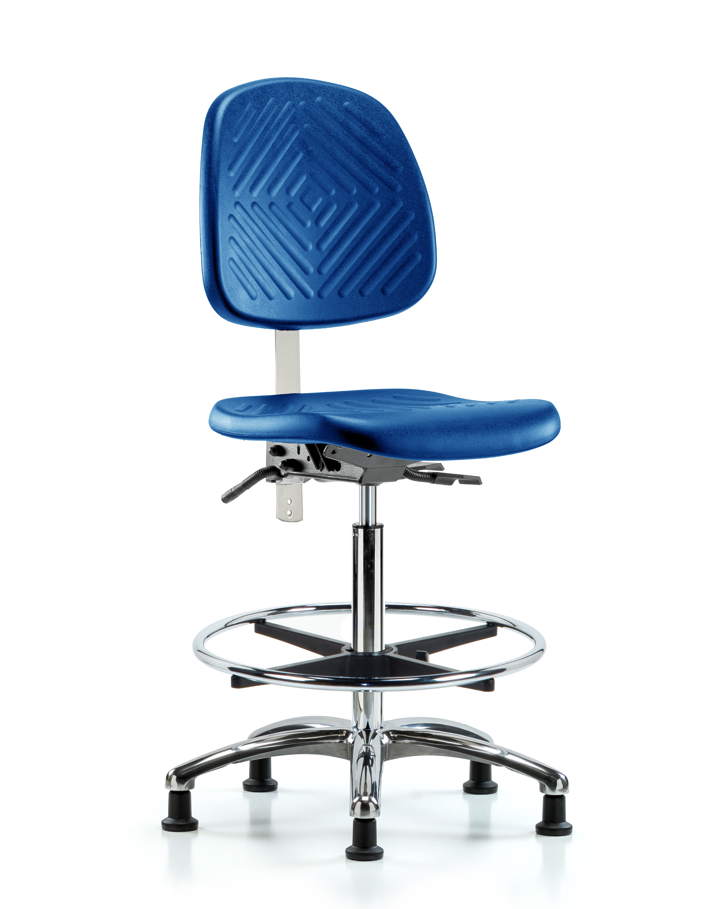 Class 100 Polyurethane Clean Room Chair - High Bench Height with Medium Back, Seat Tilt, Chrome Foot Ring, & Stationary Glides in Blue Polyurethane