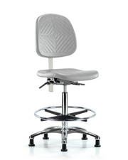 Class 100 Polyurethane Clean Room Chair - High Bench Height with Medium Back, Seat Tilt, Chrome Foot Ring, & Stationary Glides in Gray Polyurethane