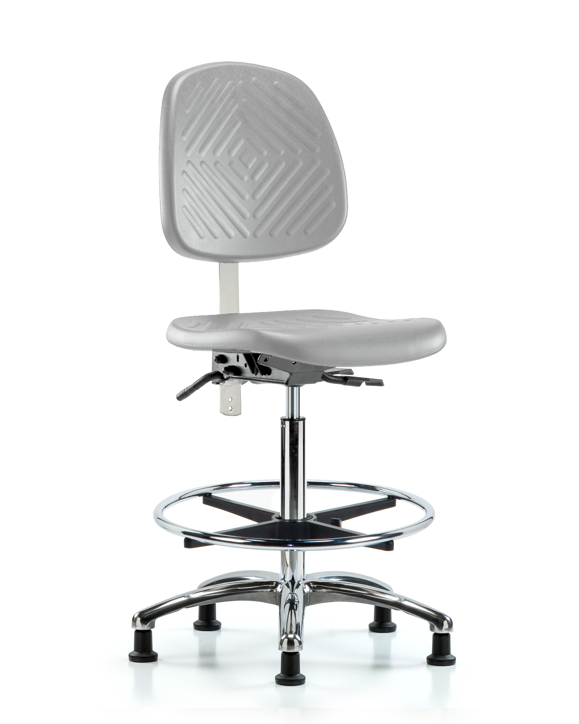 Class 100 Polyurethane Clean Room Chair - High Bench Height with Medium Back, Seat Tilt, Chrome Foot Ring, & Stationary Glides in Gray Polyurethane