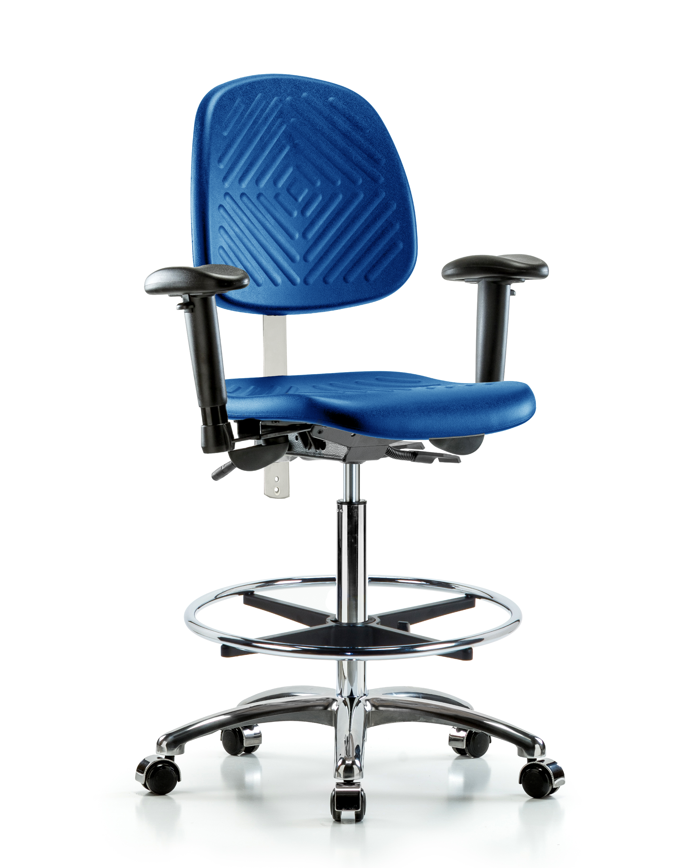 Class 100 Polyurethane Clean Room Chair - High Bench Height with Medium Back, Seat Tilt, Adjustable Arms, Chrome Foot Ring, & Casters in Blue Polyurethane