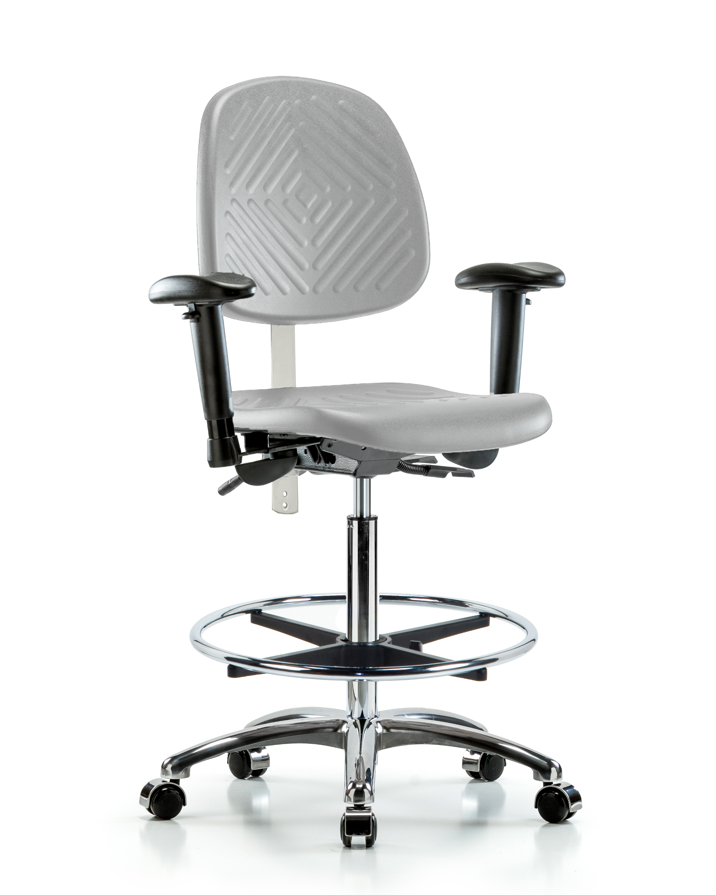 Class 100 Polyurethane Clean Room Chair - High Bench Height with Medium Back, Seat Tilt, Adjustable Arms, Chrome Foot Ring, & Casters in Gray Polyurethane