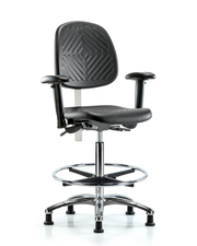 CL100 Polyurethane Clean Room Chair - High Bench Height with Medium Back, Seat Tilt, Adj Arms, Chrome Foot Ring, & Stationary Glides in Black Polyurethane