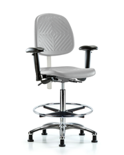 CL100 Polyurethane Clean Room Chair - High Bench Height with Medium Back, Seat Tilt, Adjustable Arms, Chrome Foot Ring, & Stationary Glides in Gray Polyurethane