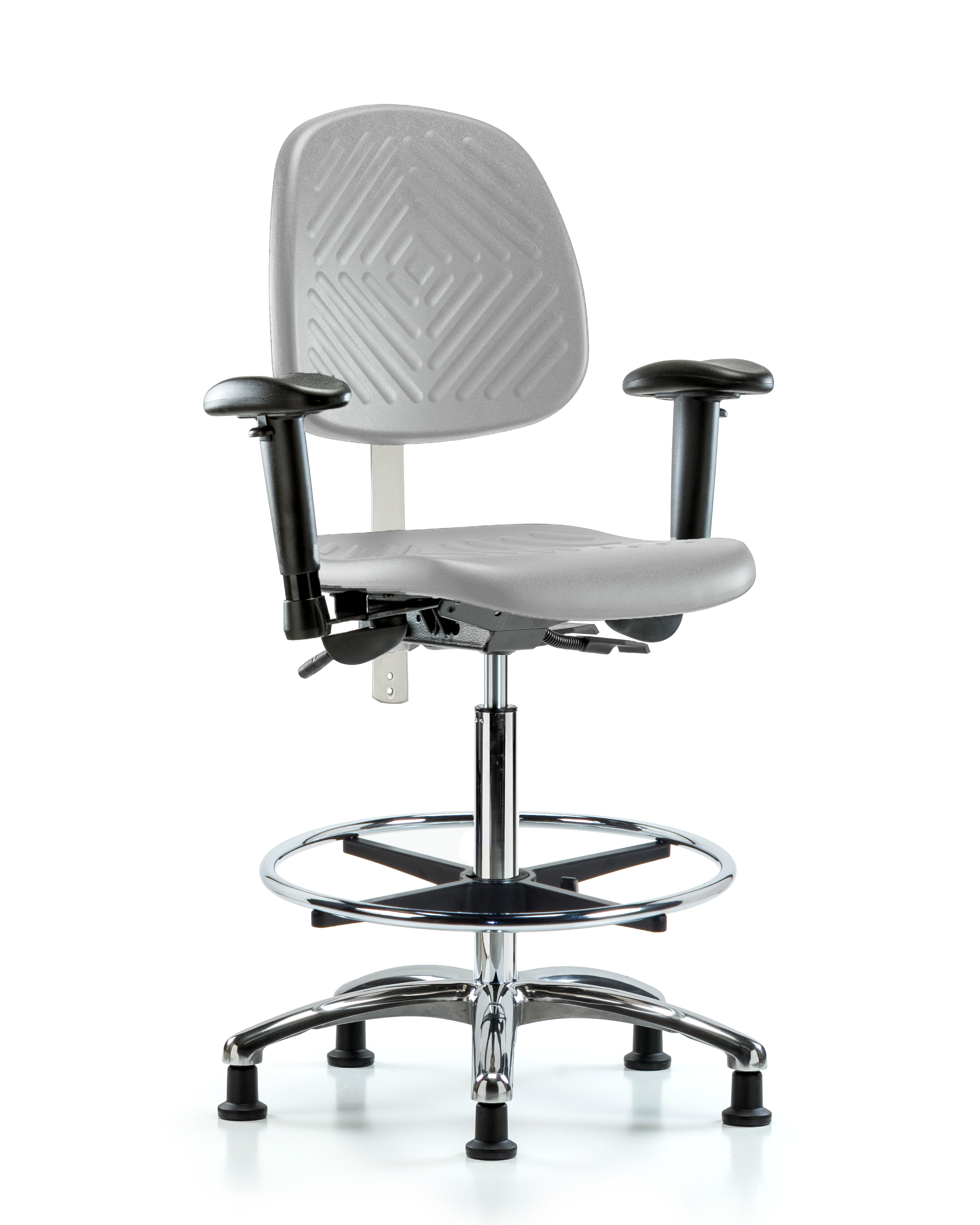 CL100 Polyurethane Clean Room Chair - High Bench Height with Medium Back, Seat Tilt, Adjustable Arms, Chrome Foot Ring, & Stationary Glides in Gray Polyurethane