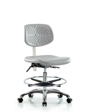 Class 10 Polyurethane Clean Room Chair - Medium Bench Height with Chrome Foot Ring & Casters in Gray Polyurethane