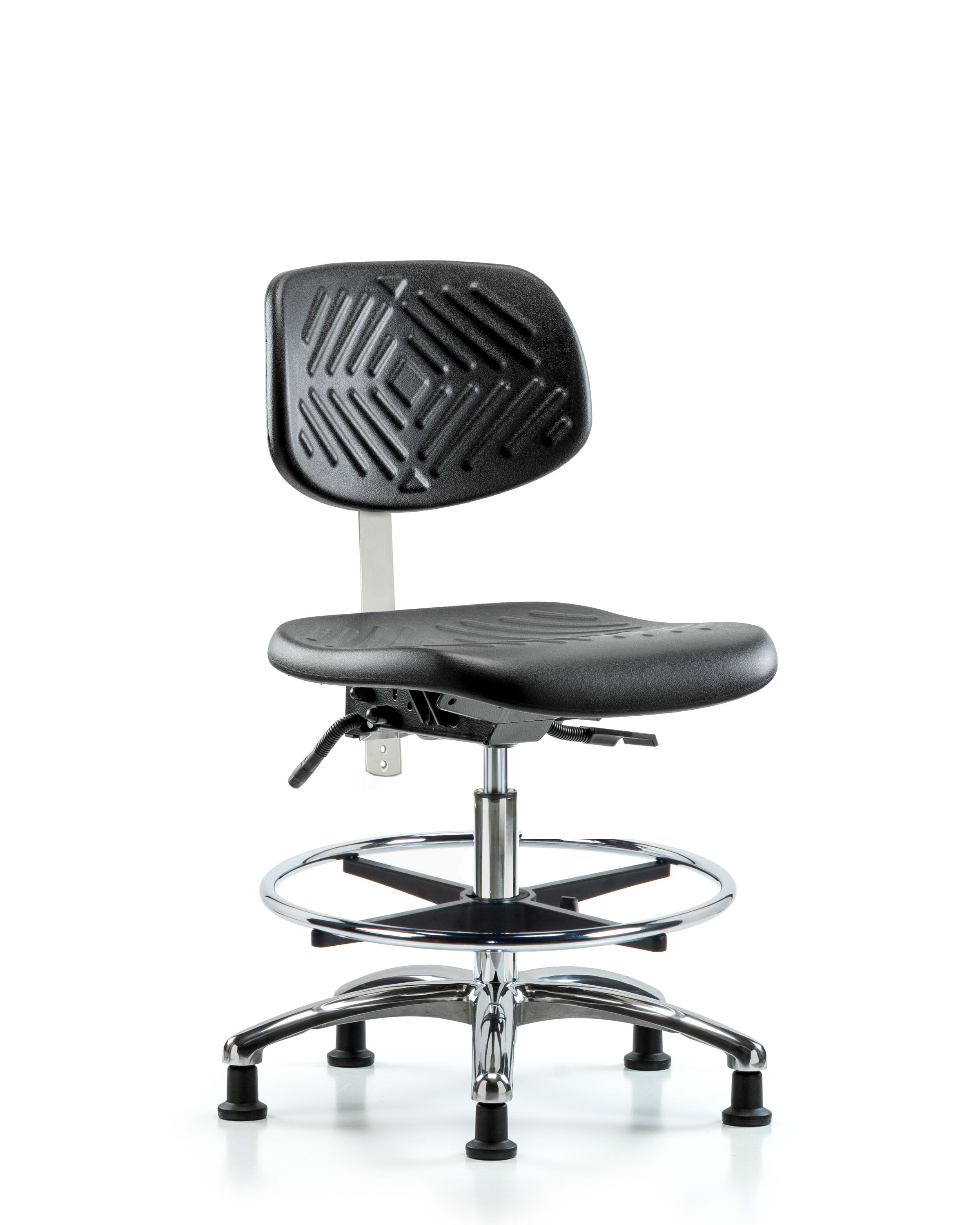 Class 10 Polyurethane Clean Room Chair - Medium Bench Height with Chrome Foot Ring & Stationary Glides in Black Polyurethane