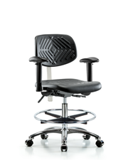 Class 100 Polyurethane Clean Room Chair - Medium Bench Height with Adjustable Arms, Chrome Foot Ring, & Casters in Black Polyurethane