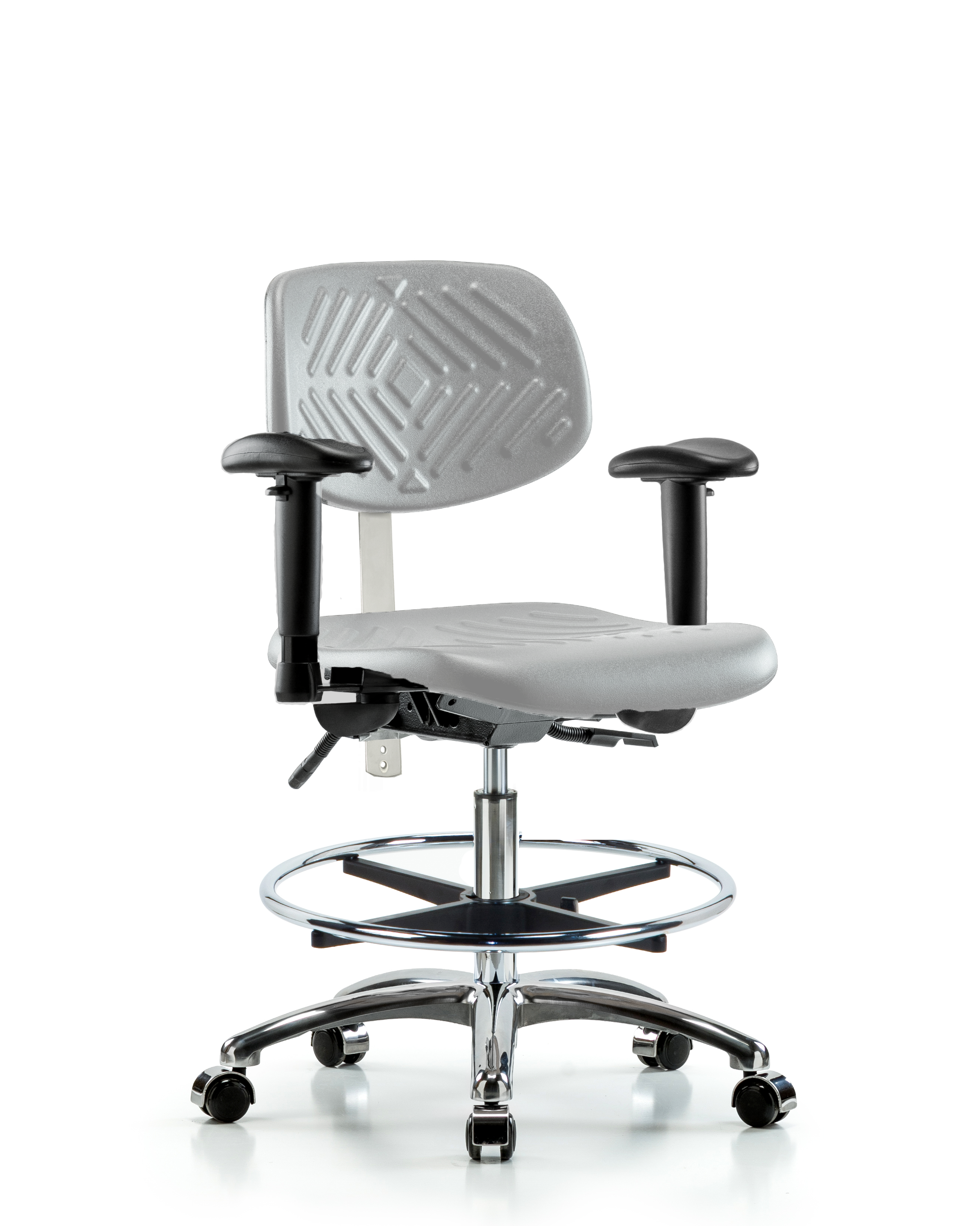 Class 100 Polyurethane Clean Room Chair - Medium Bench Height with Adjustable Arms, Chrome Foot Ring, & Casters in Gray Polyurethane
