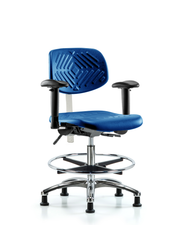 Class 100 Polyurethane Clean Room Chair - Medium Bench Height with Adjustable Arms, Chrome Foot Ring, & Stationary Glides in Blue Polyurethane
