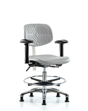 Class 100 Polyurethane Clean Room Chair - Medium Bench Height with Adjustable Arms, Chrome Foot Ring, & Stationary Glides in Gray Polyurethane