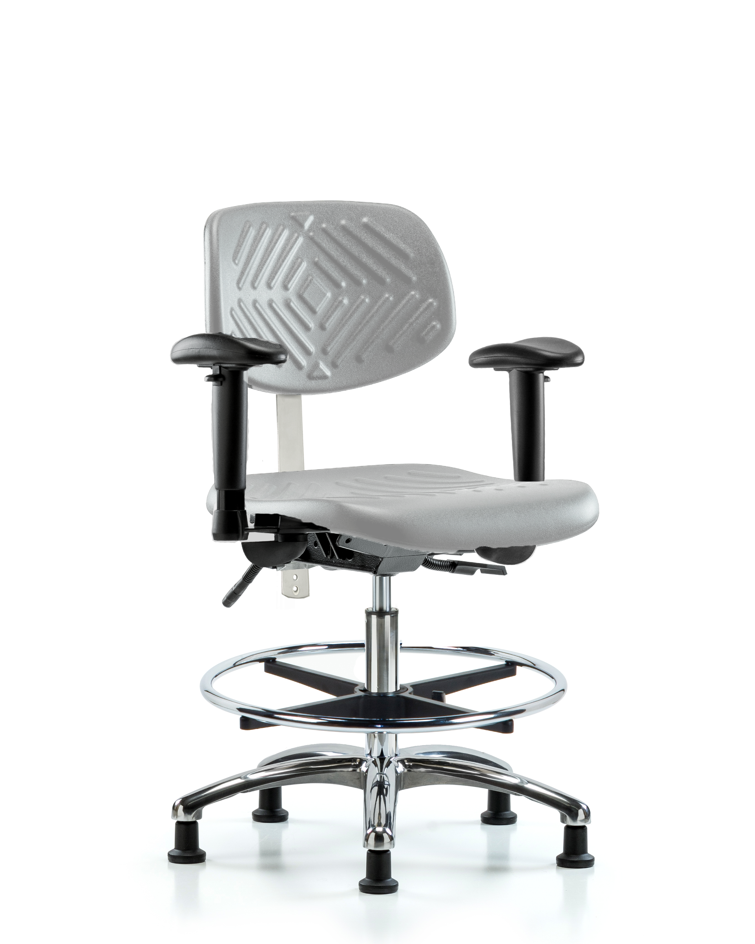 Class 100 Polyurethane Clean Room Chair - Medium Bench Height with Adjustable Arms, Chrome Foot Ring, & Stationary Glides in Gray Polyurethane