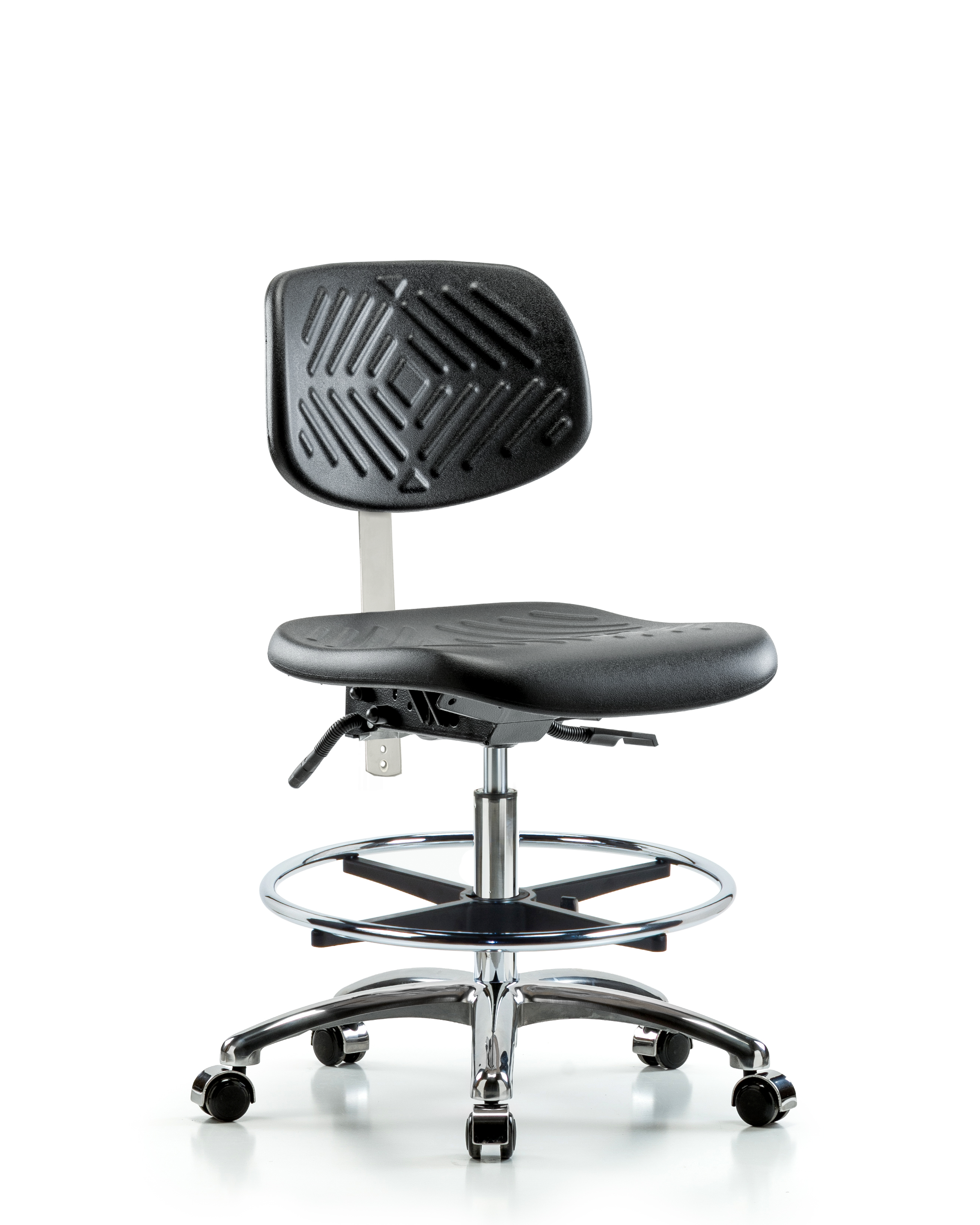 Class 100 Polyurethane Clean Room Chair - Medium Bench Height with Seat Tilt, Chrome Foot Ring, & Casters in Black Polyurethane