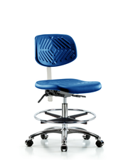 Class 100 Polyurethane Clean Room Chair - Medium Bench Height with Seat Tilt, Chrome Foot Ring, & Casters in Blue Polyurethane