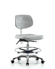 Class 100 Polyurethane Clean Room Chair - Medium Bench Height with Seat Tilt, Chrome Foot Ring, & Casters in Gray Polyurethane