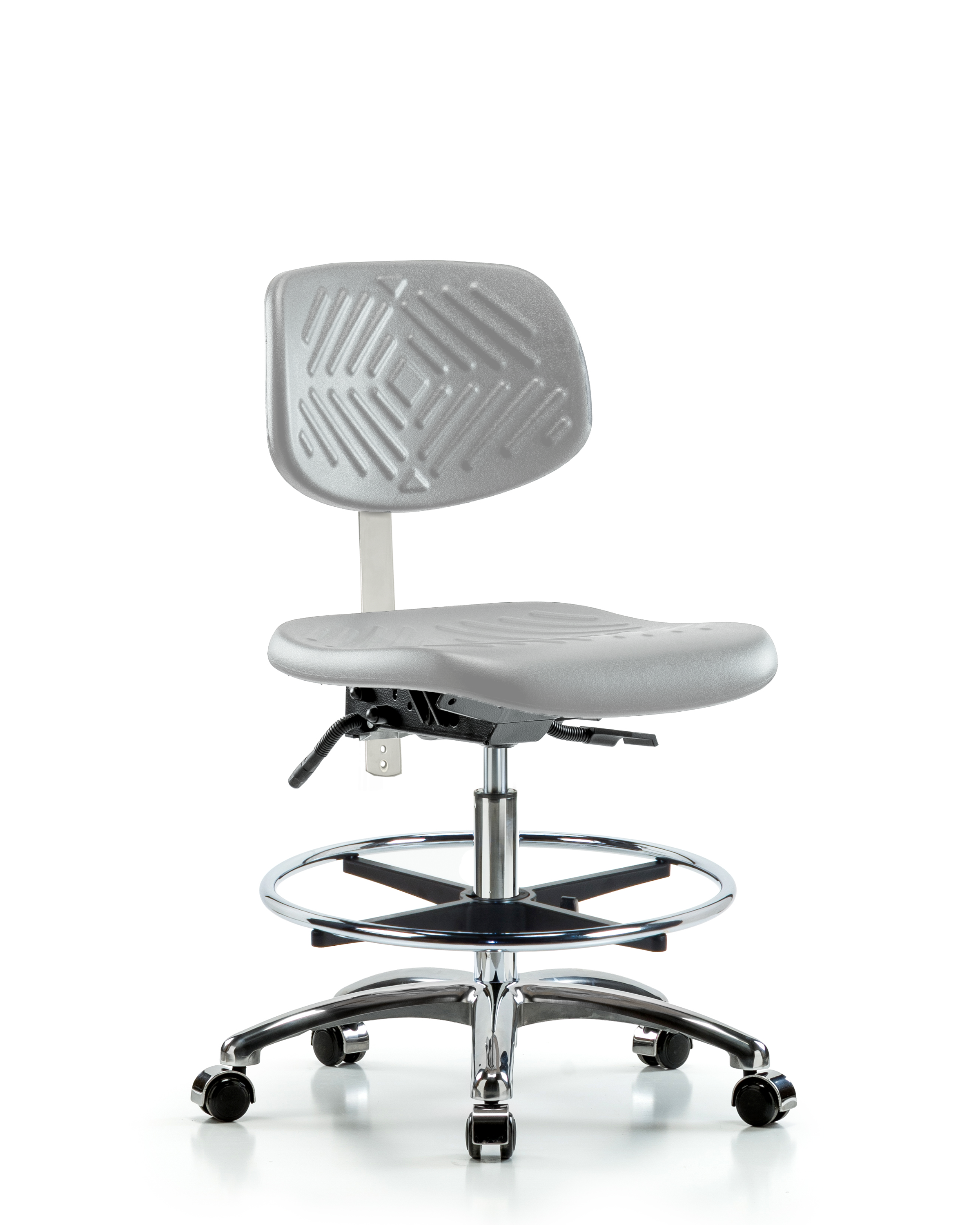 Class 100 Polyurethane Clean Room Chair - Medium Bench Height with Seat Tilt, Chrome Foot Ring, & Casters in Gray Polyurethane