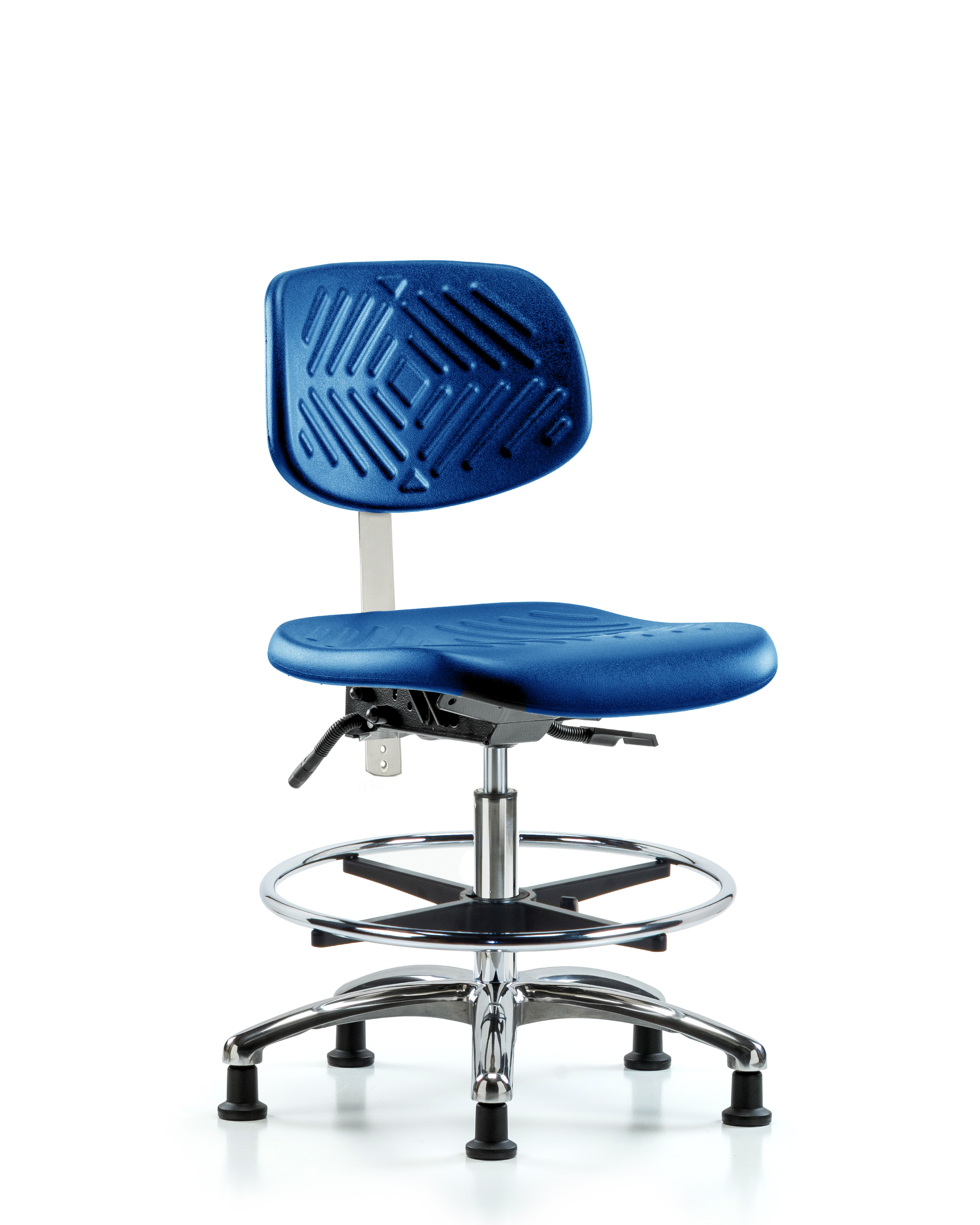 Class 100 Polyurethane Clean Room Chair - Medium Bench Height with Seat Tilt, Chrome Foot Ring, & Stationary Glides in Blue Polyurethane