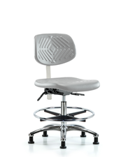 Class 100 Polyurethane Clean Room Chair - Medium Bench Height with Seat Tilt, Chrome Foot Ring, & Stationary Glides in Gray Polyurethane