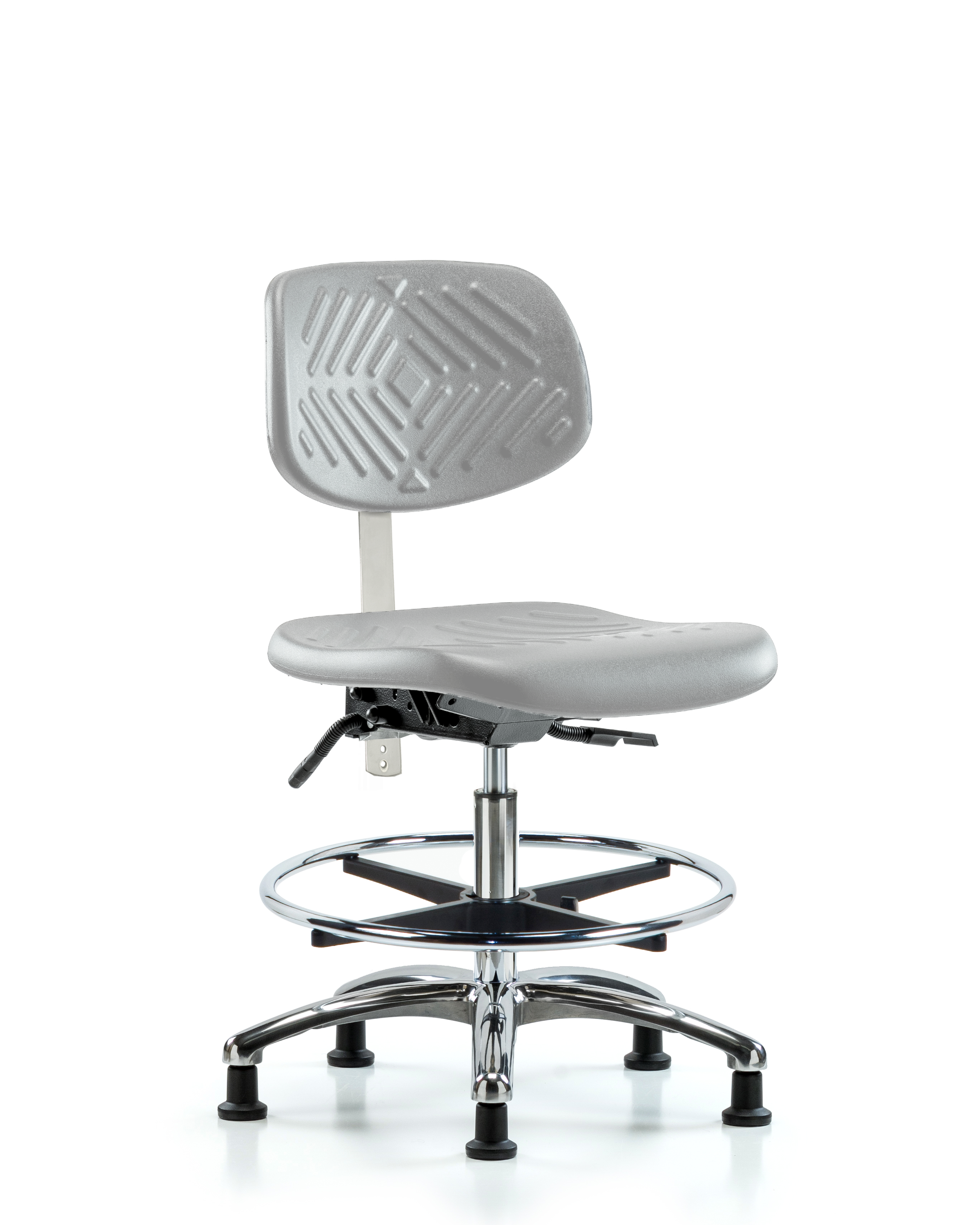 Class 100 Polyurethane Clean Room Chair - Medium Bench Height with Seat Tilt, Chrome Foot Ring, & Stationary Glides in Gray Polyurethane