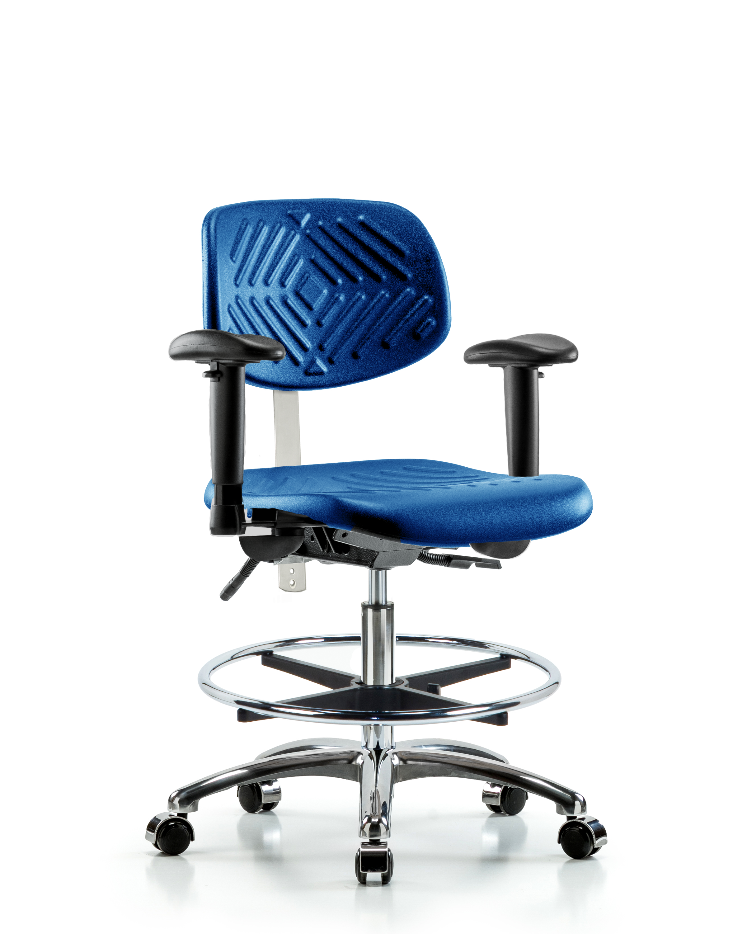 Class 100 Polyurethane Clean Room Chair - Medium Bench Height with Seat Tilt, Adjustable Arms, Chrome Foot Ring, & Casters in Blue Polyurethane