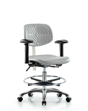 Class 100 Polyurethane Clean Room Chair - Medium Bench Height with Seat Tilt, Adjustable Arms, Chrome Foot Ring, & Casters in Gray Polyurethane