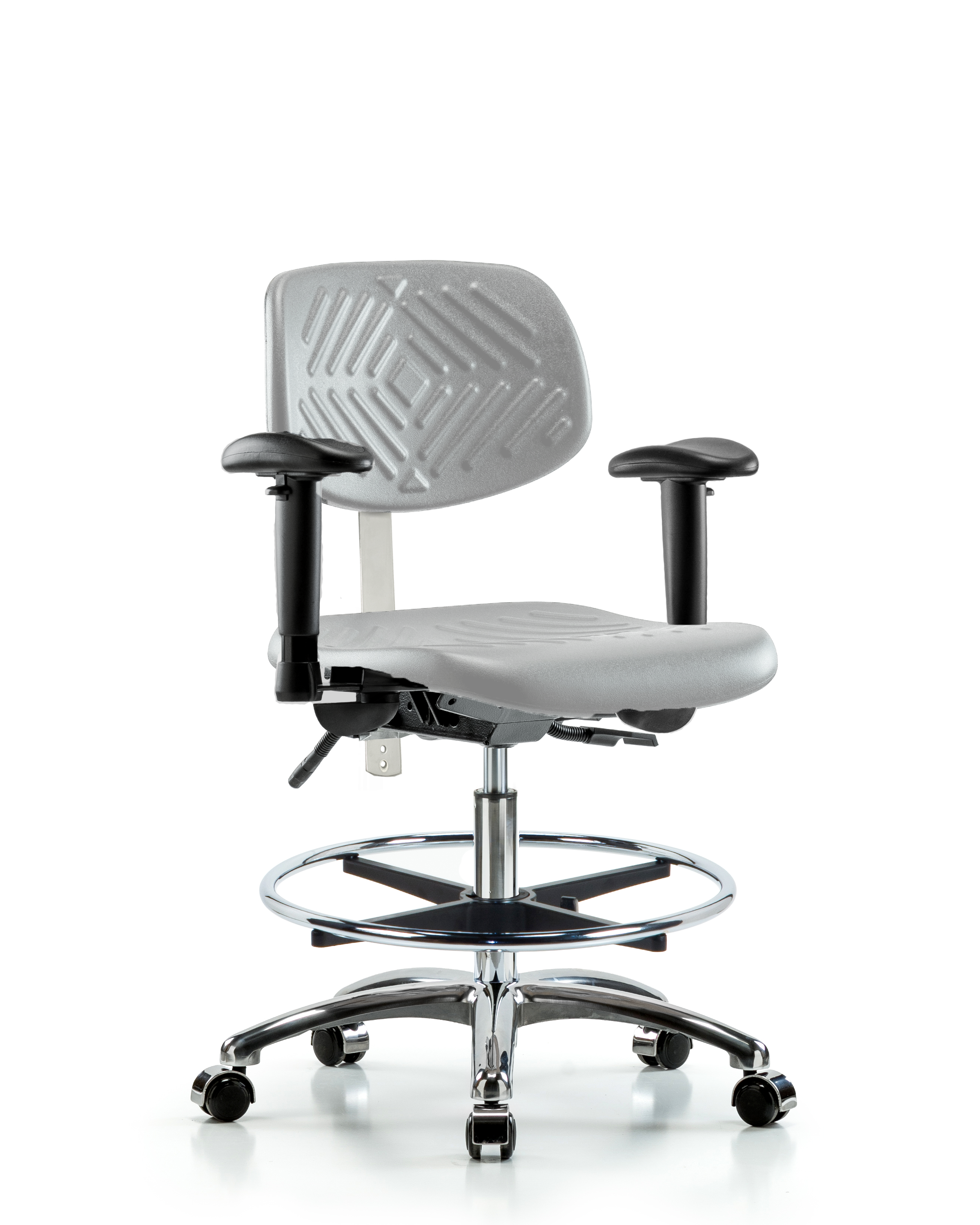 Class 100 Polyurethane Clean Room Chair - Medium Bench Height with Seat Tilt, Adjustable Arms, Chrome Foot Ring, & Casters in Gray Polyurethane