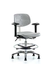 Class 100 Polyurethane Clean Room Chair - Medium Bench Height with Seat Tilt, Adjustable Arms, Chrome Foot Ring, & Stationary Glides in Gray Polyurethane