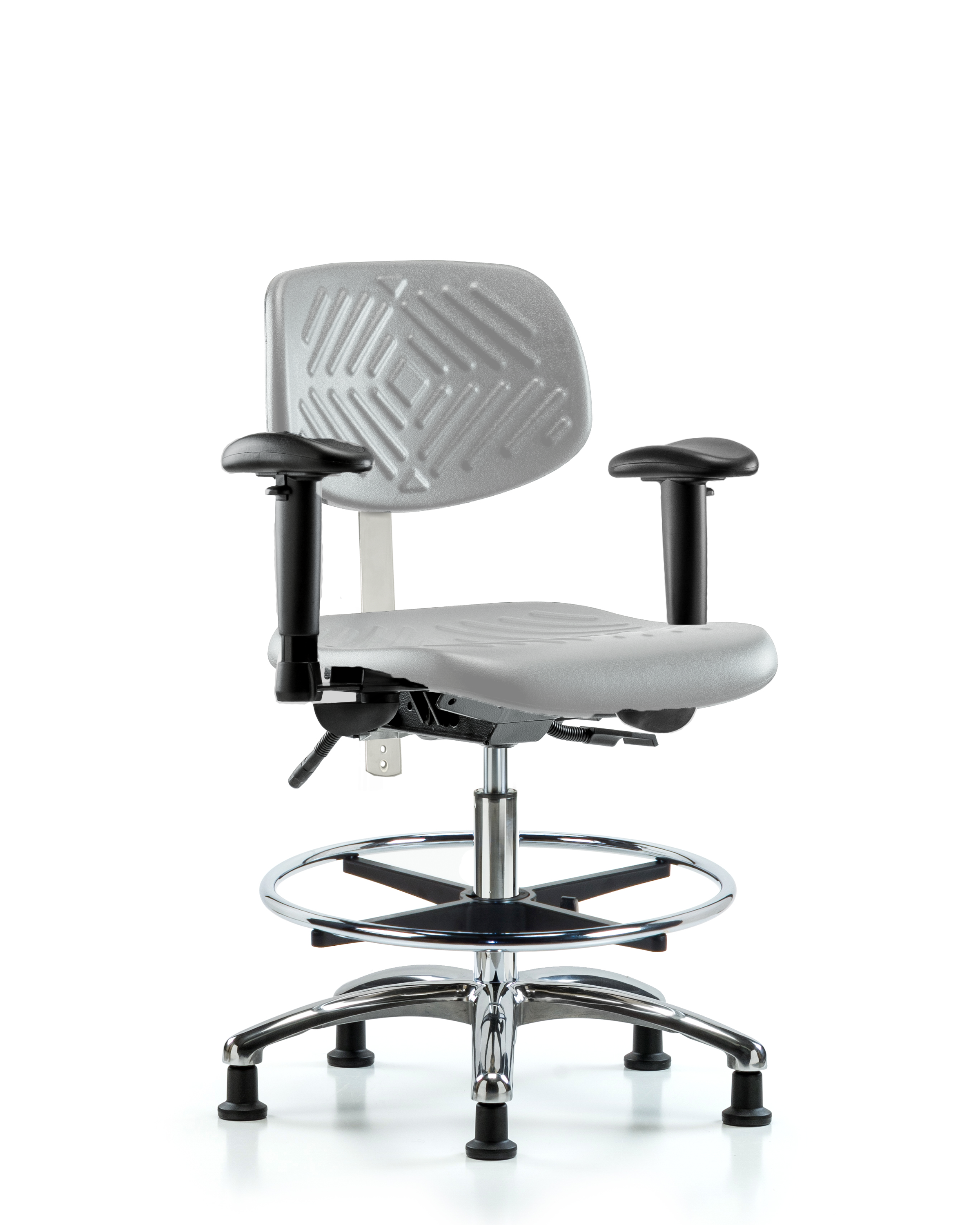 Class 100 Polyurethane Clean Room Chair - Medium Bench Height with Seat Tilt, Adjustable Arms, Chrome Foot Ring, & Stationary Glides in Gray Polyurethane