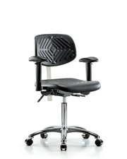 Class 100 Polyurethane Clean Room Chair - Medium Bench Height with Seat Tilt, Adjustable Arms, & Casters in Black Polyurethane