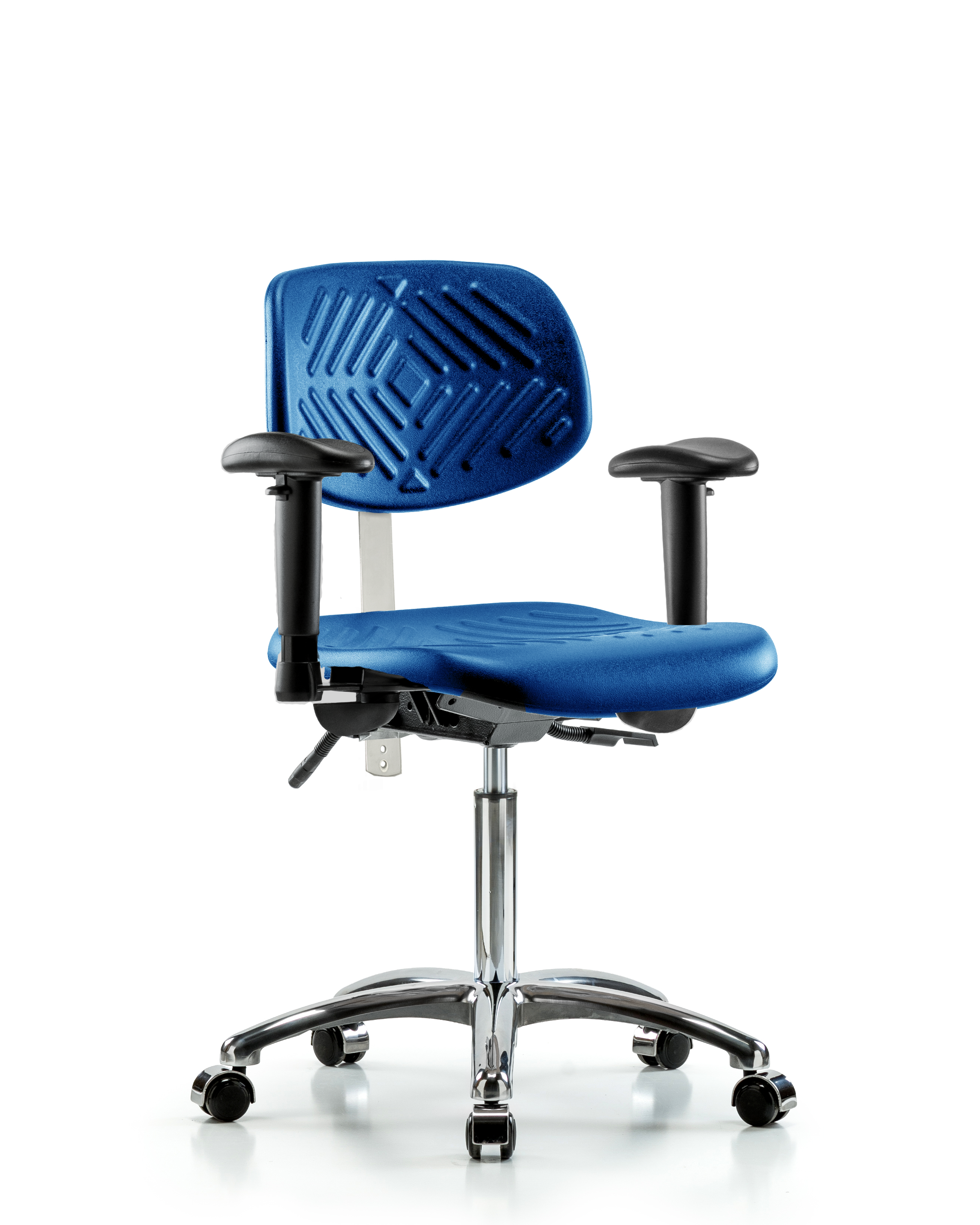 Class 100 Polyurethane Clean Room Chair - Medium Bench Height with Seat Tilt, Adjustable Arms, & Casters in Blue Polyurethane