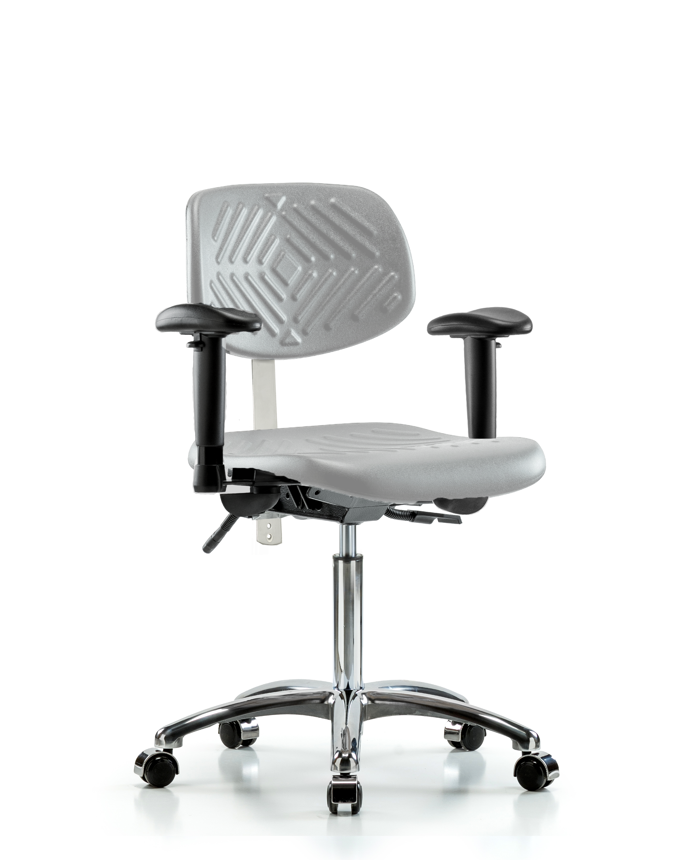 Class 100 Polyurethane Clean Room Chair - Medium Bench Height with Seat Tilt, Adjustable Arms, & Casters in Gray Polyurethane