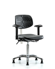 Class 100 Polyurethane Clean Room Chair - Medium Bench Height with Seat Tilt, Adjustable Arms, & Stationary Glides in Black Polyurethane