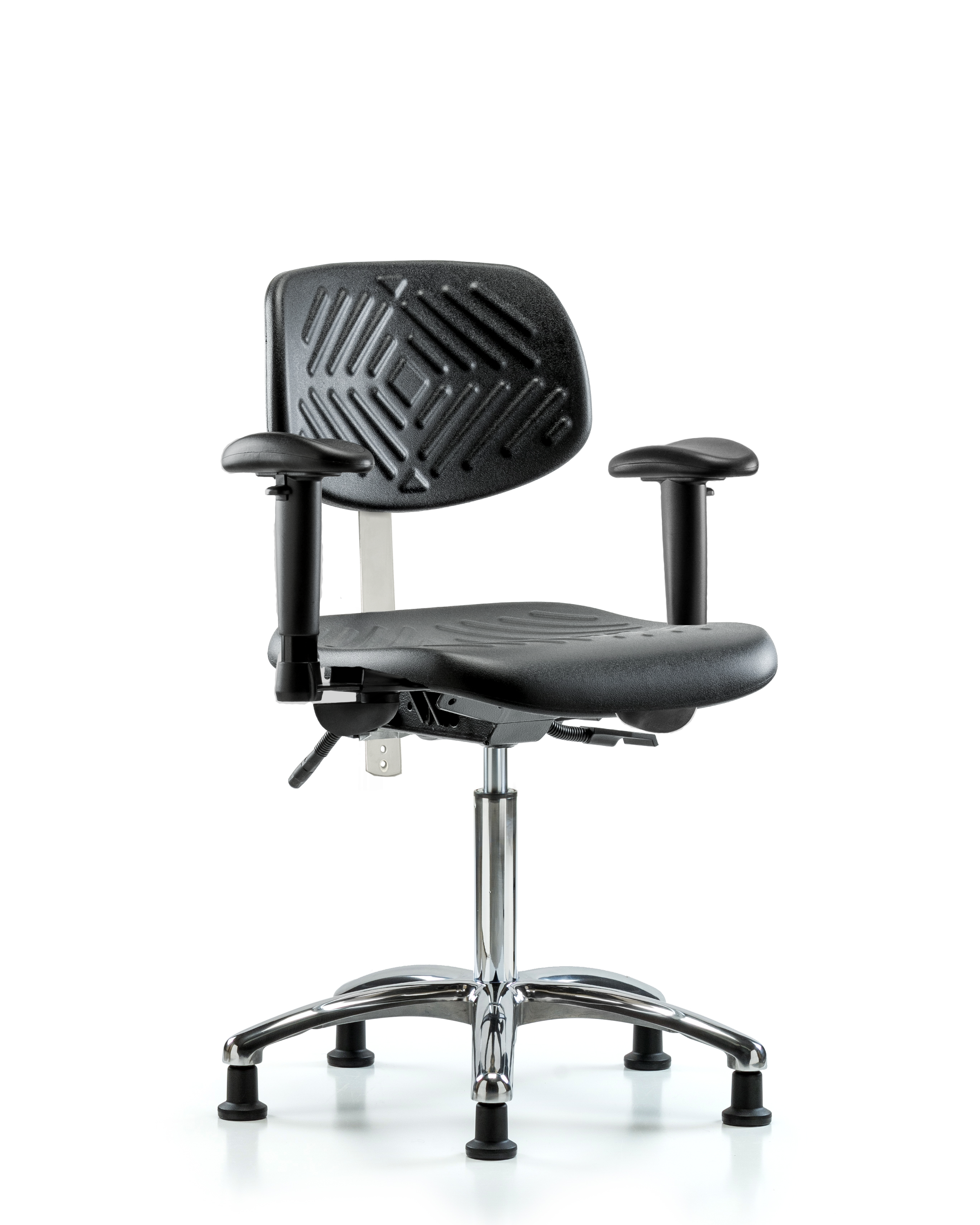 Class 100 Polyurethane Clean Room Chair - Medium Bench Height with Seat Tilt, Adjustable Arms, & Stationary Glides in Black Polyurethane