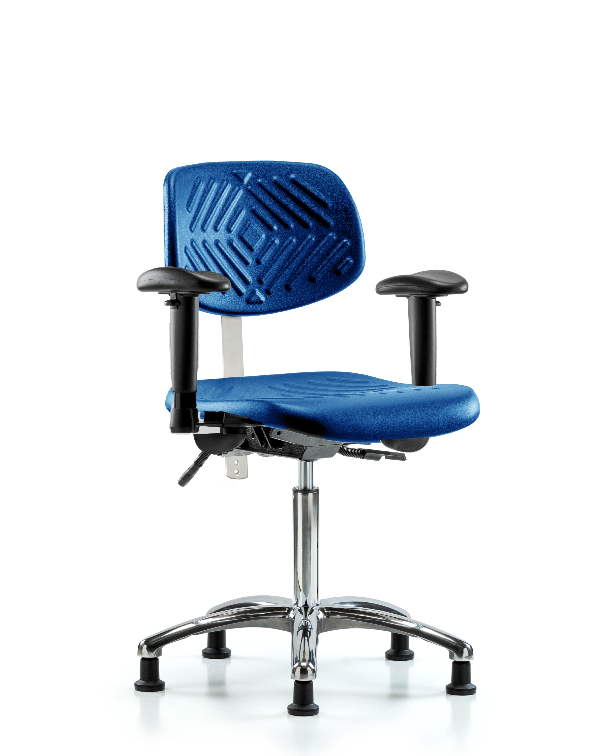 Class 100 Polyurethane Clean Room Chair - Medium Bench Height with Seat Tilt, Adjustable Arms, & Stationary Glides in Blue Polyurethane