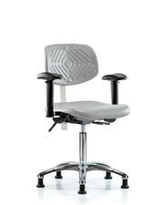 Class 100 Polyurethane Clean Room Chair - Medium Bench Height with Seat Tilt, Adjustable Arms, & Stationary Glides in Gray Polyurethane