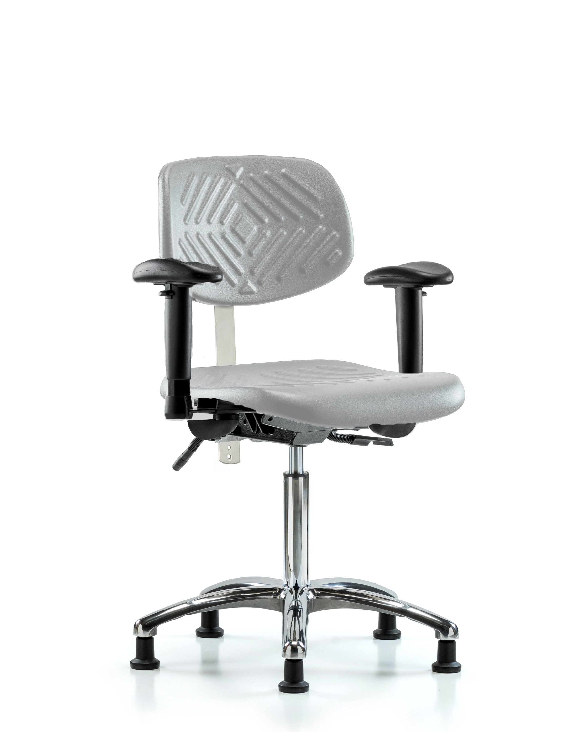Class 100 Polyurethane Clean Room Chair - Medium Bench Height with Seat Tilt, Adjustable Arms, & Stationary Glides in Gray Polyurethane