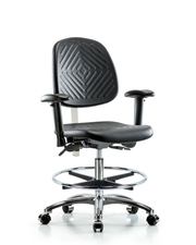 Class 100 Polyurethane Clean Room Chair - Medium Bench Height with Medium Back, Adjustable Arms, Chrome Foot Ring, & Casters in Black Polyurethane