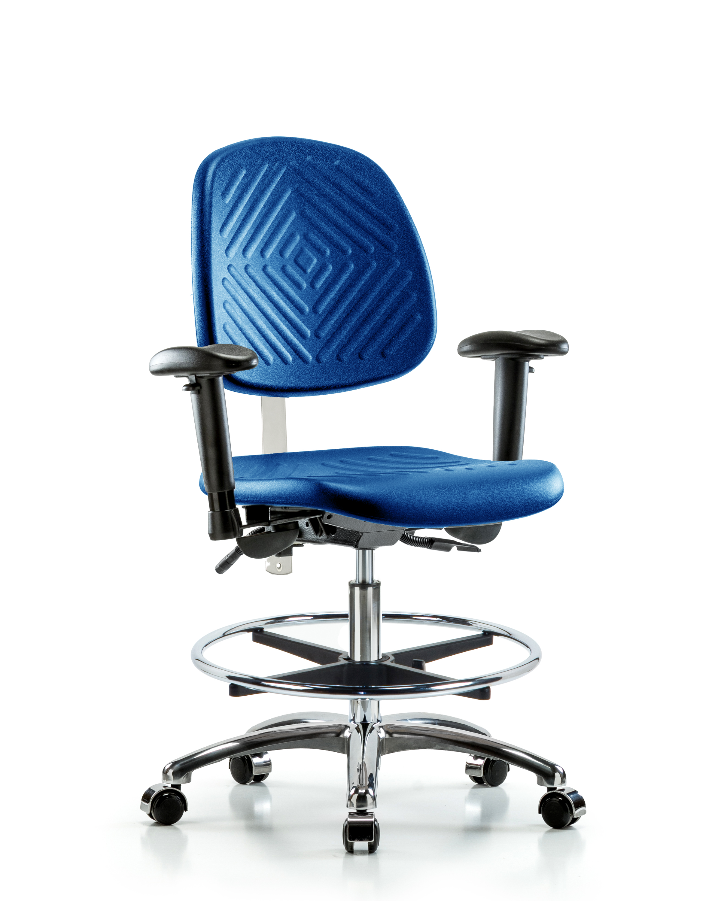 Class 100 Polyurethane Clean Room Chair - Medium Bench Height with Medium Back, Adjustable Arms, Chrome Foot Ring, & Casters in Blue Polyurethane