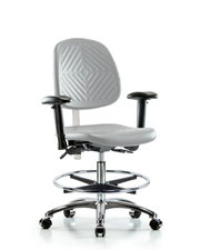 Class 100 Polyurethane Clean Room Chair - Medium Bench Height with Medium Back, Adjustable Arms, Chrome Foot Ring, & Casters in Gray Polyurethane