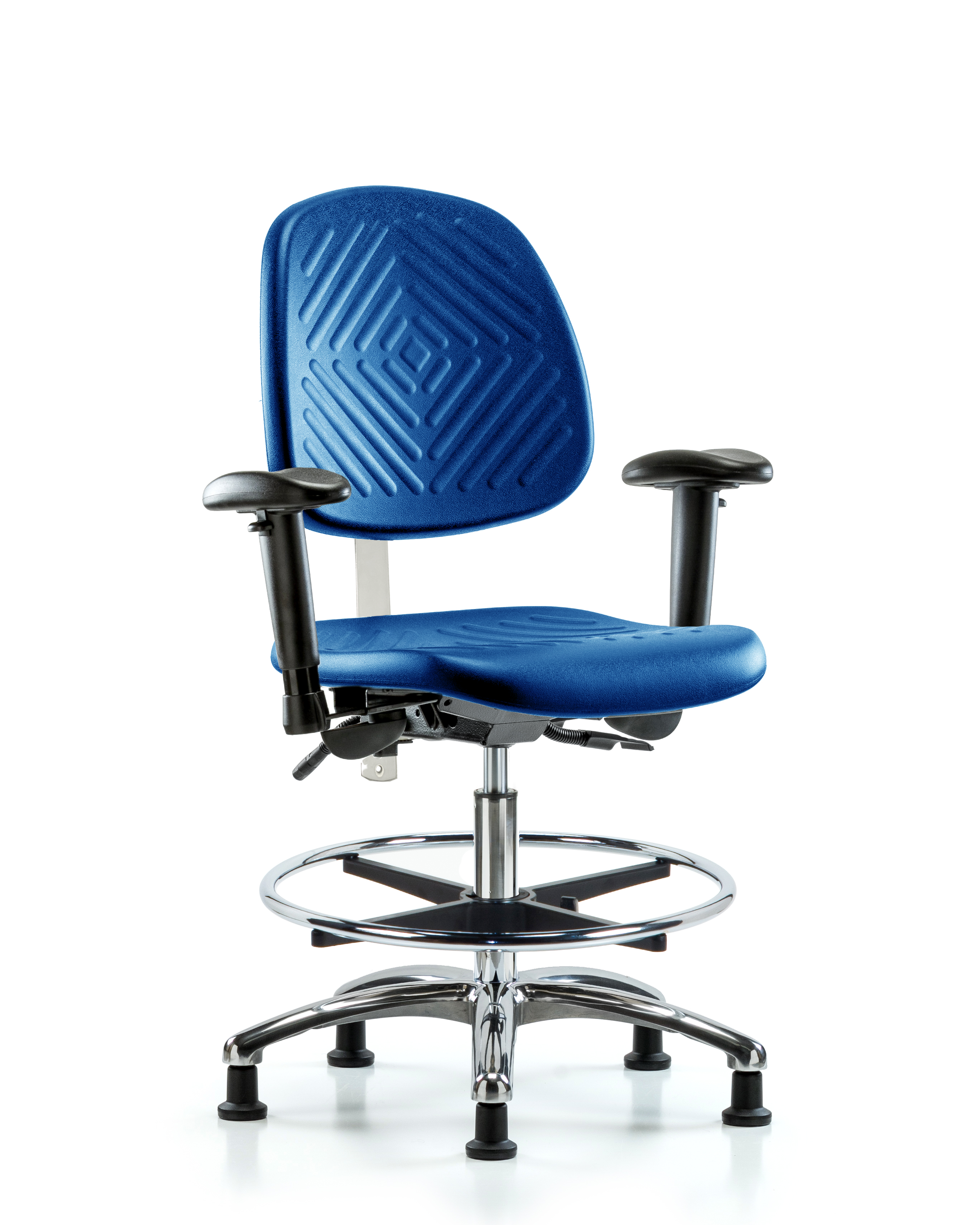 Class 100 Polyurethane Clean Room Chair - Medium Bench Height with Medium Back, Adjustable Arms, Chrome Foot Ring, & Stationary Glides in Blue Polyurethane