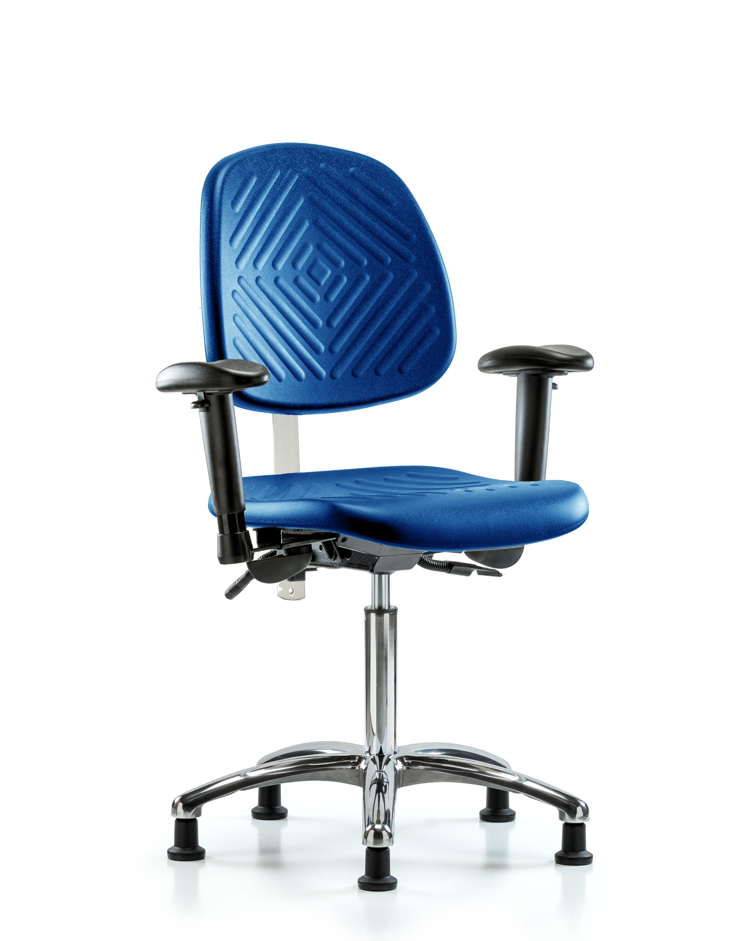 Class 100 Polyurethane Clean Room Chair - Medium Bench Height with Medium Back, Adjustable Arms, & Stationary Glides in Blue Polyurethane