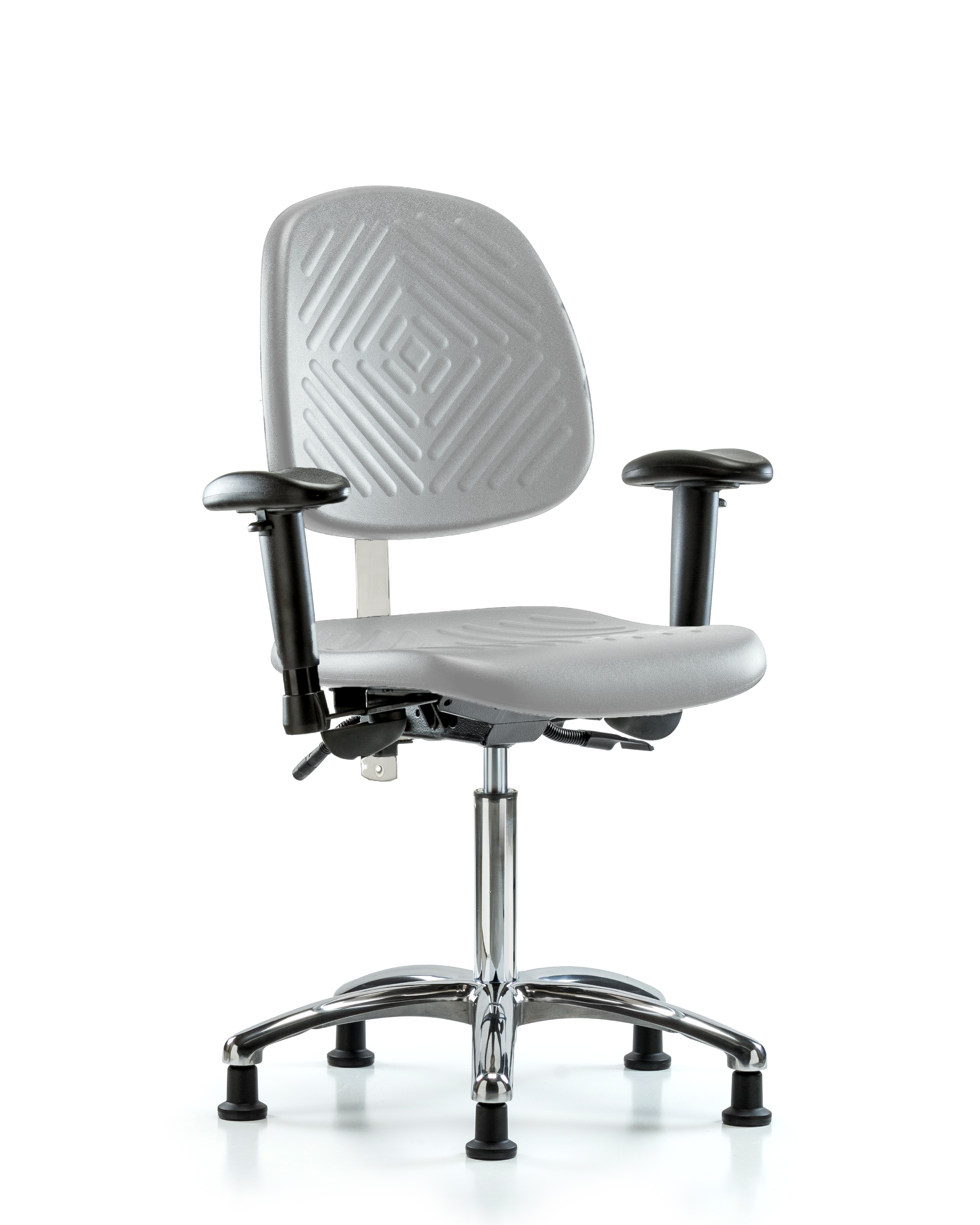 Class 100 Polyurethane Clean Room Chair - Medium Bench Height with Medium Back, Adjustable Arms, & Stationary Glides in Gray Polyurethane