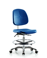 Class 100 Polyurethane Clean Room Chair - Medium Bench Height with Medium Back, Seat Tilt, Chrome Foot Ring, & Casters in Blue Polyurethane