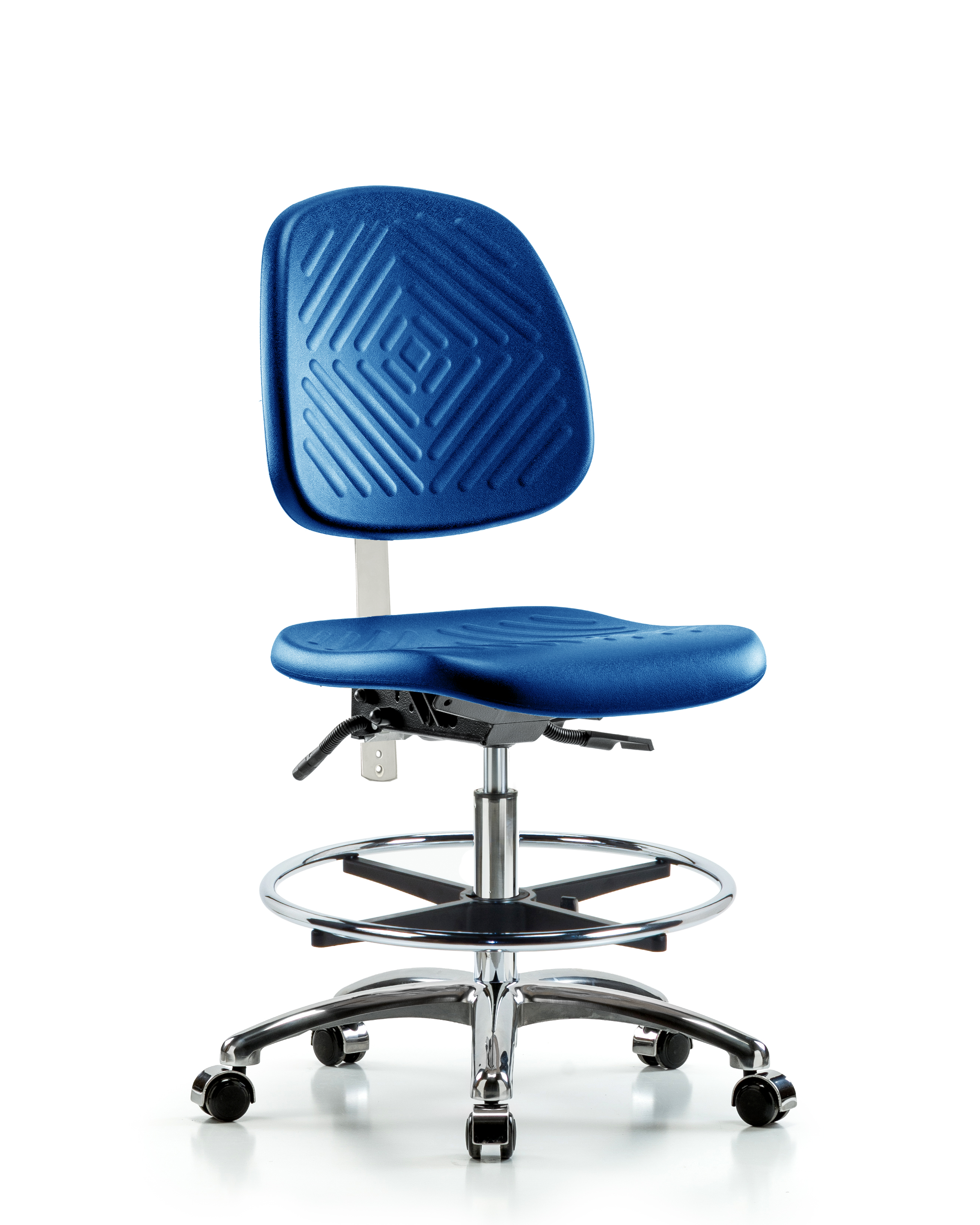 Class 100 Polyurethane Clean Room Chair - Medium Bench Height with Medium Back, Seat Tilt, Chrome Foot Ring, & Casters in Blue Polyurethane