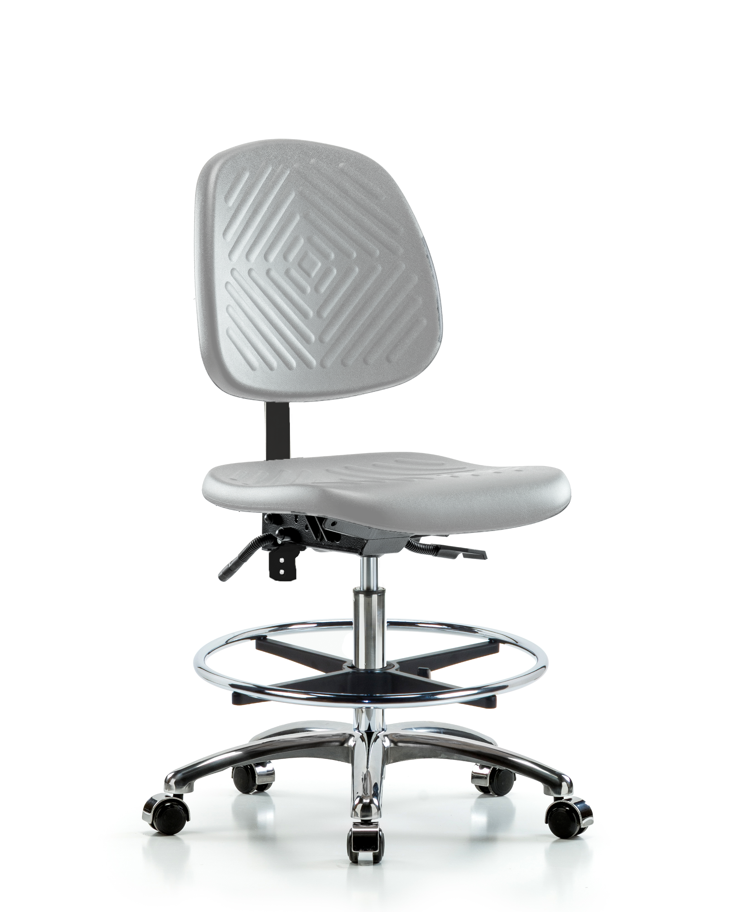 Class 100 Polyurethane Clean Room Chair - Medium Bench Height with Medium Back, Seat Tilt, Chrome Foot Ring, & Casters in Gray Polyurethane