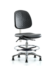 Class 100 Polyurethane Clean Room Chair - Medium Bench Height with Medium Back, Seat Tilt, Chrome Foot Ring, & Stationary Glides in Black Polyurethane