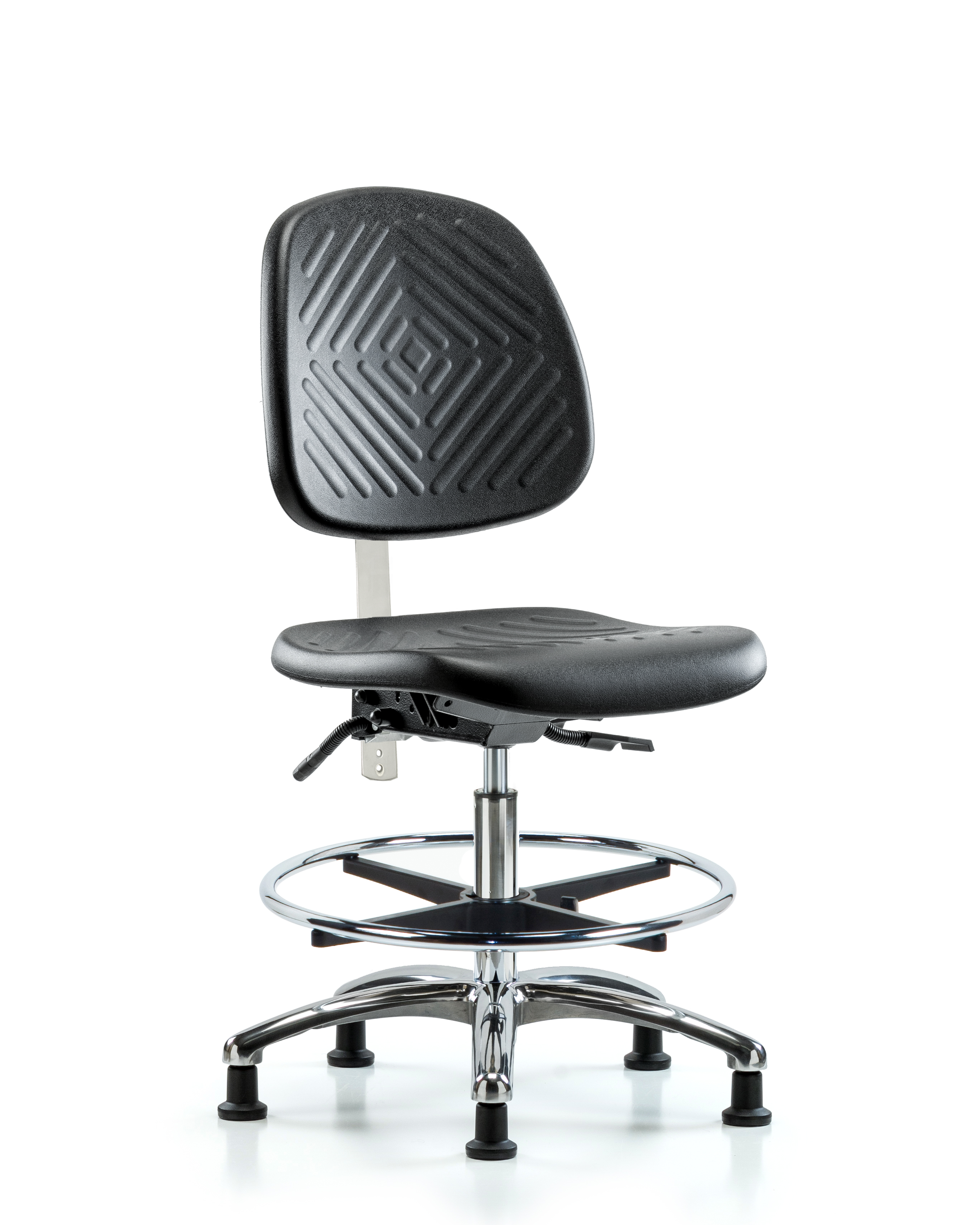 Class 100 Polyurethane Clean Room Chair - Medium Bench Height with Medium Back, Seat Tilt, Chrome Foot Ring, & Stationary Glides in Black Polyurethane