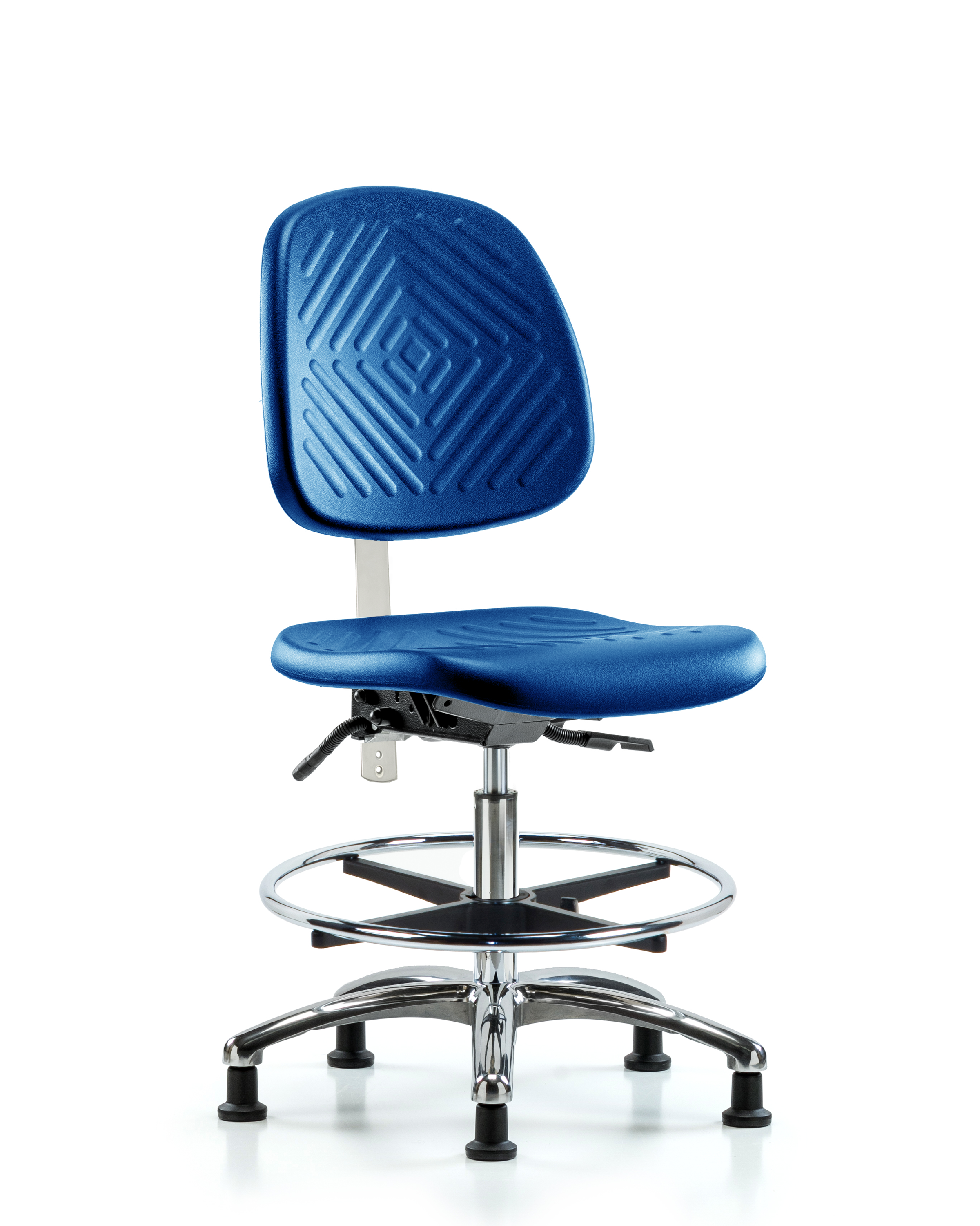 Class 100 Polyurethane Clean Room Chair - Medium Bench Height with Medium Back, Seat Tilt, Chrome Foot Ring, & Stationary Glides in Blue Polyurethane
