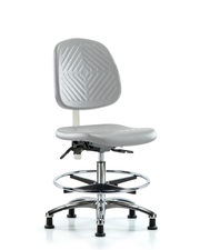 Class 100 Polyurethane Clean Room Chair - Medium Bench Height with Medium Back, Seat Tilt, Chrome Foot Ring, & Stationary Glides in Gray Polyurethane
