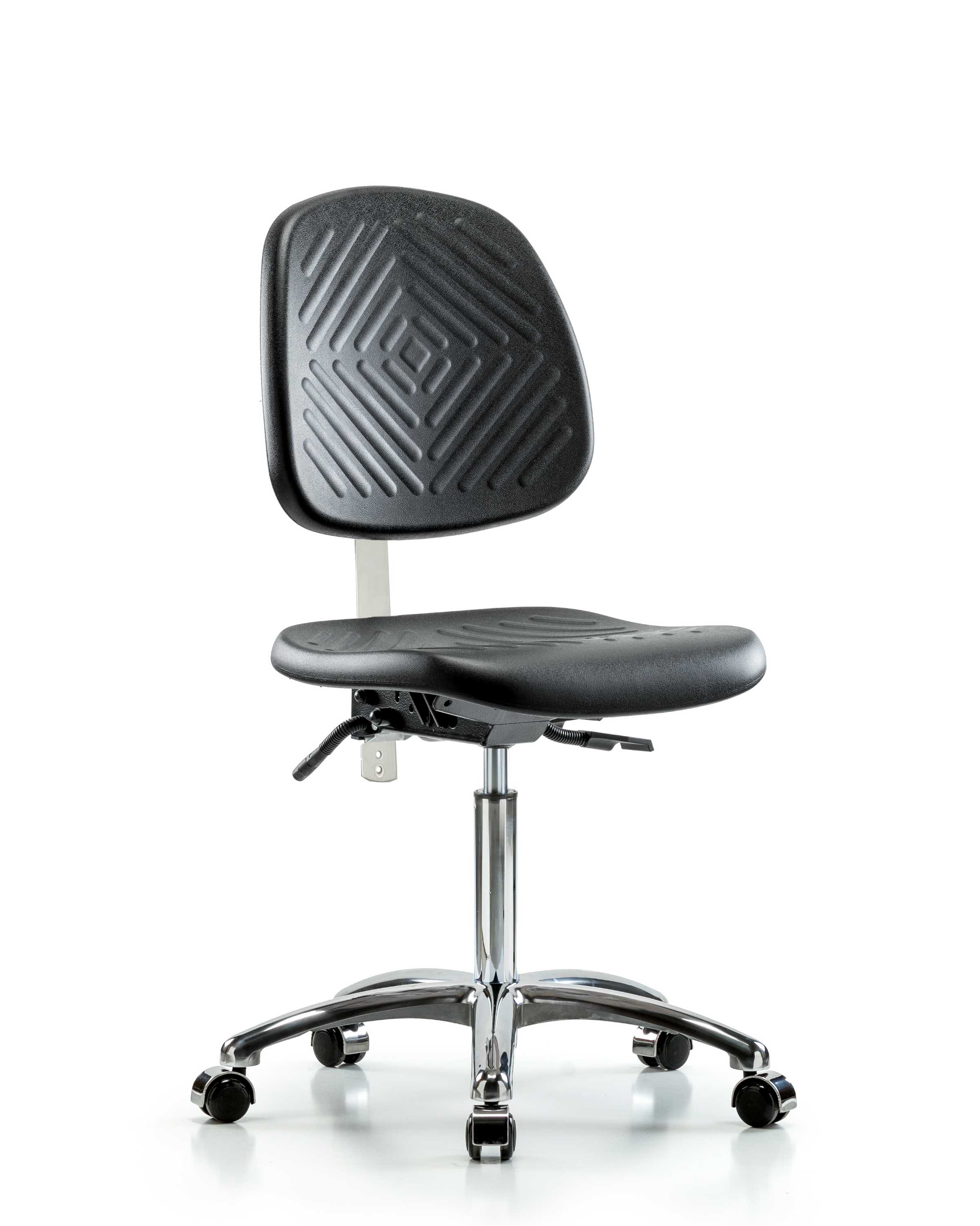 Class 100 Polyurethane Clean Room Chair - Medium Bench Height with Medium Back, Seat Tilt, & Casters in Black Polyurethane